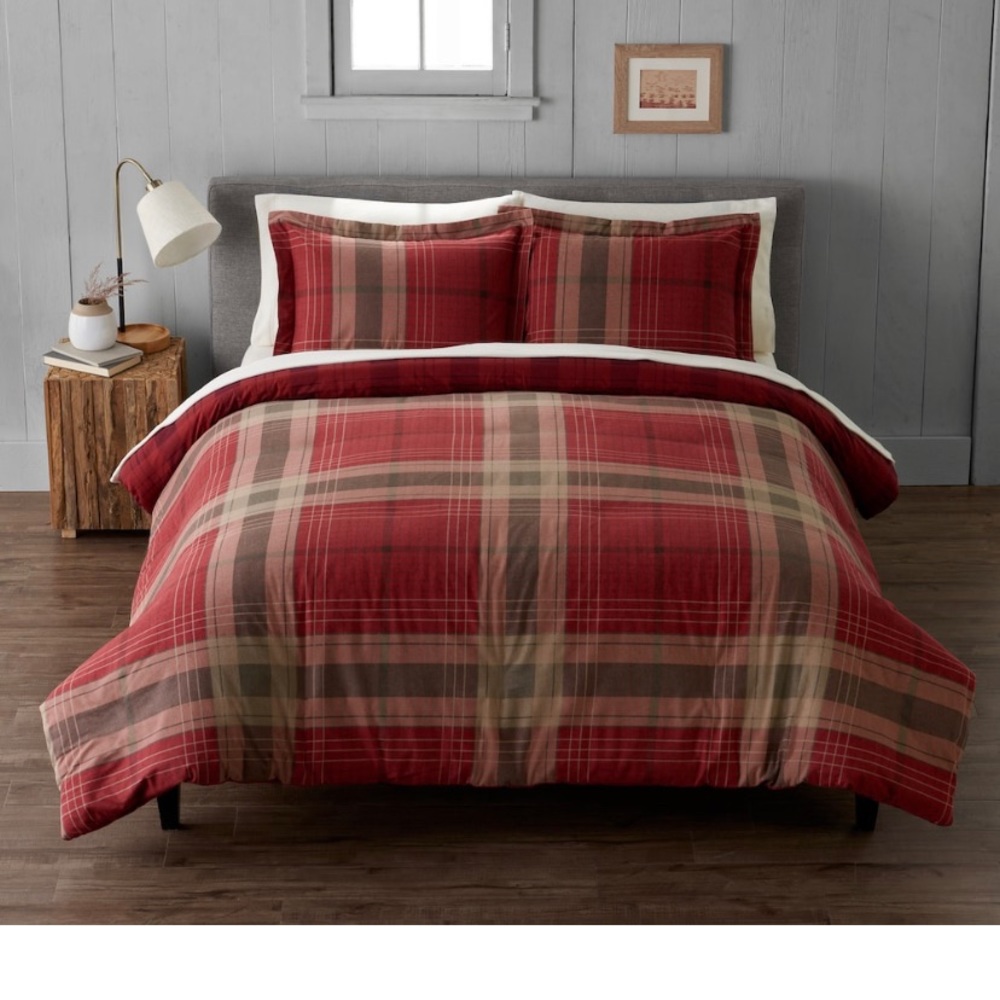 Cuddl Duds Red Plaid Heavy Flannel Duvet Cover Set